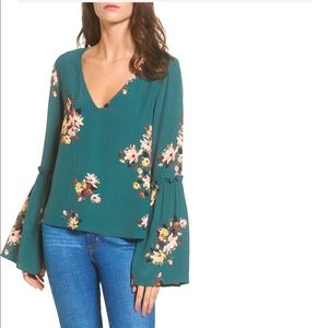 BP Green Floral Bell Sleeve Top